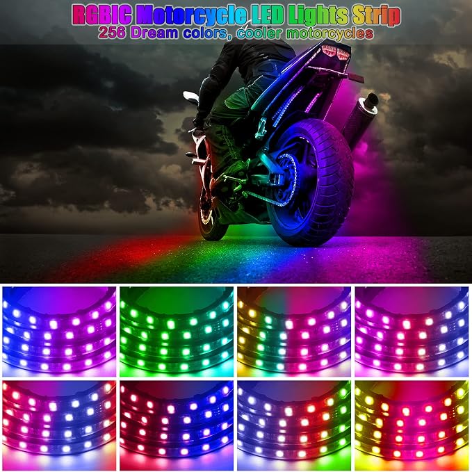 10Pcs Motorcycle LED Underglow Kit, RGB LED Strips Lights with APP Control, Compatible with Harley Davidson, Honda, Kawasaki, Suzuki