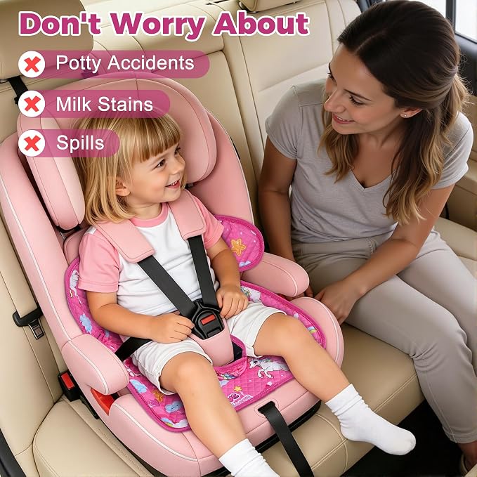 Toddler Car Seat Protector for Potty Training Waterproof Unicorn | Soft quilted top Anti-slip back Machine washable Fits most car seats & strollers Catches potty leaks & spills