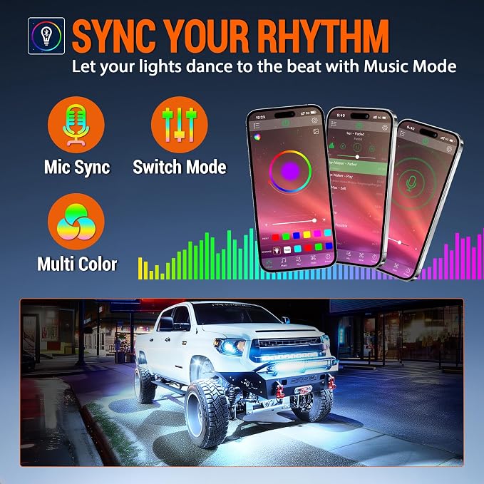 RGB Rock Lights, 16 pods Underglow Neon Lights Kits，APP/RF Remote Control & Music Mode, Waterproof Wireless Multicolor Lamps for Off Road Truck SUV ATV UTV Boat