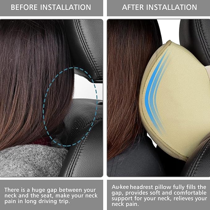 Aukee Car Neck Pillow Soft Memory Foam Leather Headrest for Driving Home Office Beige (Pack of 2)