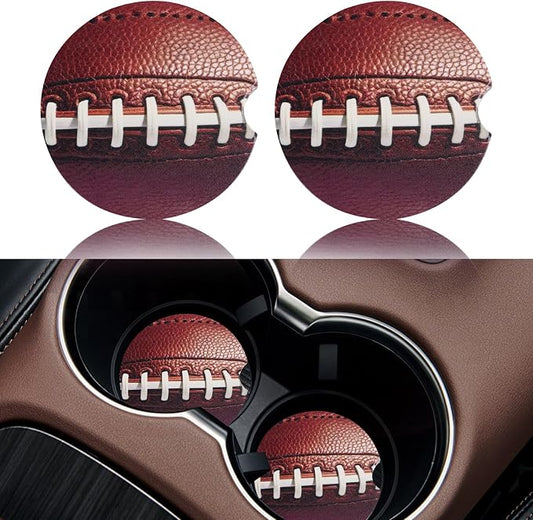 2 Pack Football Car Coasters for Men Women Car Cup Holder Coasters, 2.63 Inch Anti Slip Ceramic Absorbent Coaster with Cork Base and Finger Notch, Funny Car Accessories Interior