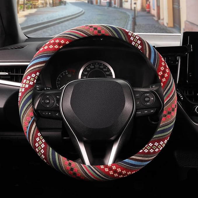 SEG Direct Boho Steering Wheel Cover, Baja Blanket Cloth, Coarse Flax | Bohemian Car Decor, Ethnic Style, Coarse Flax, Fabric Cover Fits 14 1/2-15 1/4 inches Standard Medium Size, for Women Men