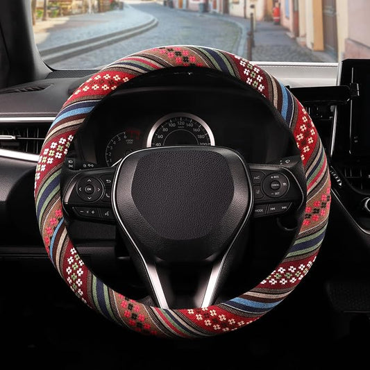 SEG Direct Boho Steering Wheel Cover, Baja Blanket Cloth, Coarse Flax | Bohemian Car Decor, Ethnic Style, Coarse Flax, Fabric Cover Fits 14 1/2-15 1/4 inches Standard Medium Size, for Women Men