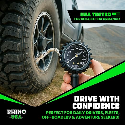 Rhino USA Tire Pressure Gauge with Inflator (0-100 PSI) - Heavy Duty Air Chuck and Compressor Accessories with Stainless Braided Hose, Large Analog Dial and Solid Brass Hardware for Truck and RV