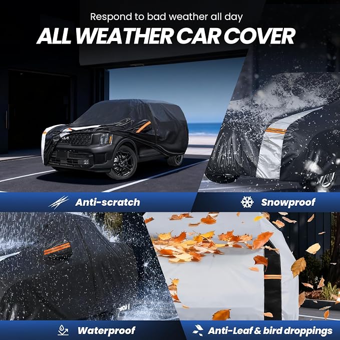 Multi-Layer Car Cover Custom Fit for Kia Telluride(2016-2026), 100% Waterproof All Weather for Automobiles, Gift with Towel, Heavy Duty Car Covers for Rain Sun UV Protection with Door Zipper
