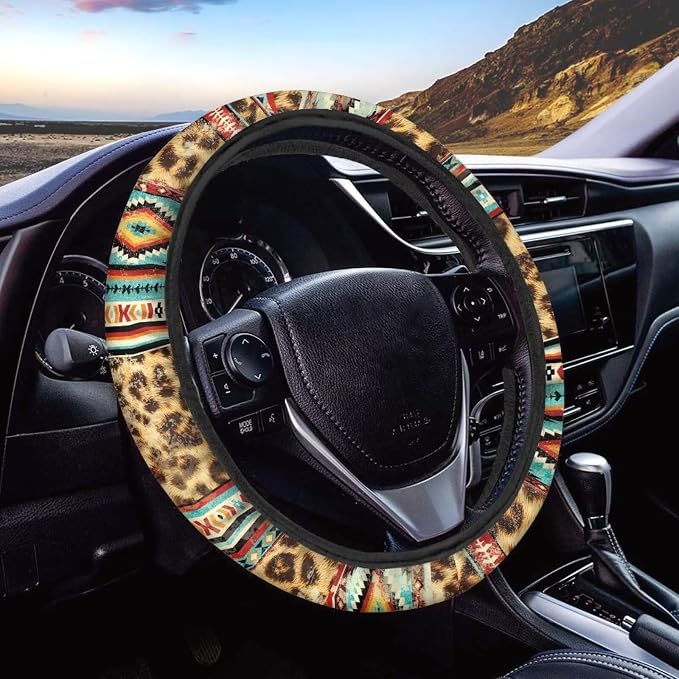 Wanyint Car Steering Wheel Cover Universal 15 Inch Auto Accessories Car Interior Decoration for Women Men Fit SUV Sedan Van Truck, Vintage Aztec Leopard Print