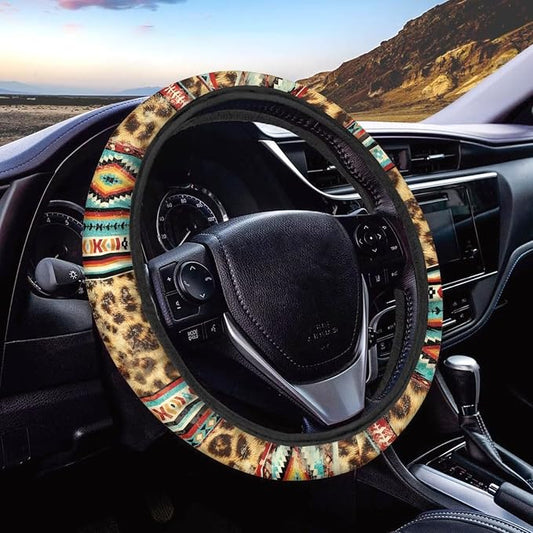 Wanyint Car Steering Wheel Cover Universal 15 Inch Auto Accessories Car Interior Decoration for Women Men Fit SUV Sedan Van Truck, Vintage Aztec Leopard Print
