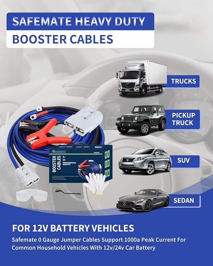 SAFEMATE 0 Gauge 30FT Heavy Duty Jumper Cables for Diesel Trucks, Pickup & SUV – 1000A Booster Cable with Quick Connect Plug, Tangle-Free, Carry Bag – 12V/24V