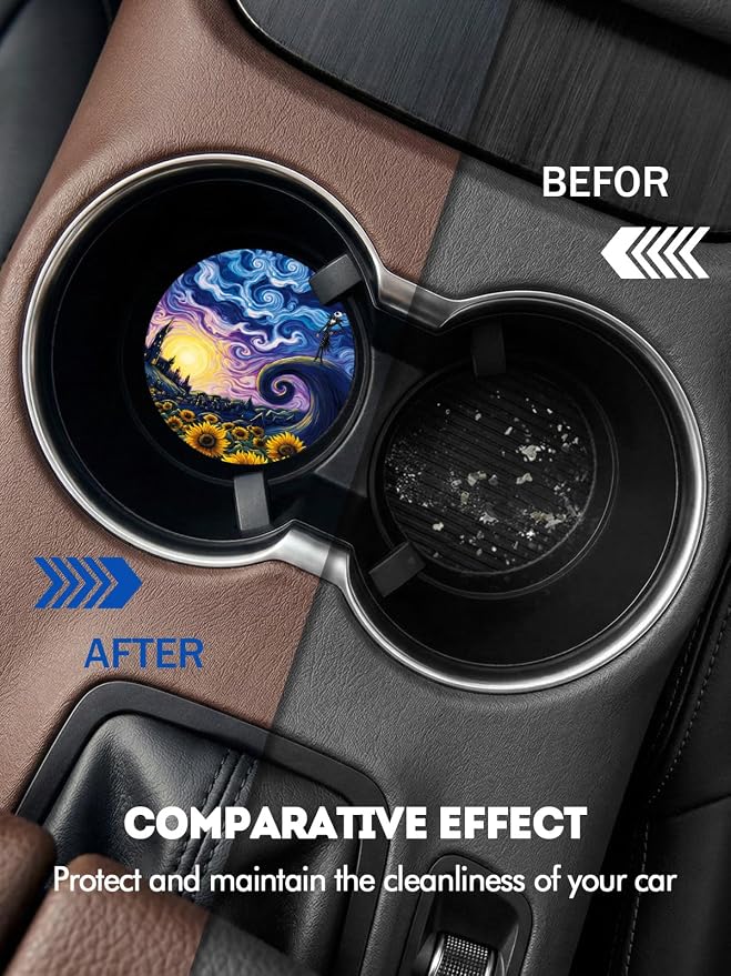 WOCOCN Car Coasters for Cup Holders - 2 Pack 2.75" Universal Rubber Car Cup Coaster, Non-Slip Waterproof Car Interior Accessories, Cute Car Decor Gifts for Women and Men (Sunflower Starry Sky)