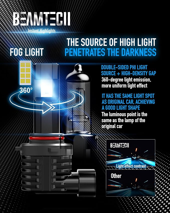 BEAMTECH 9005 9006 Bulbs, Fanless In Line Fog Light Bulb 6500K, Pack of 4 | 1 Pair 9005+1 Pair 9006, Windless, Directly Insert, 1:1 Size, 50,000hrs+ Lifespan