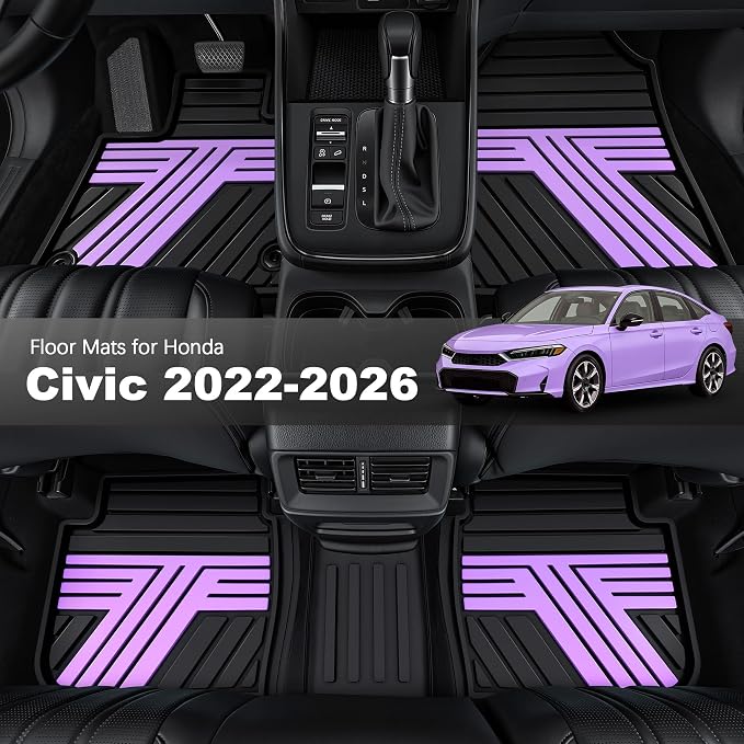 Rubber Floor Mats for Honda Civic Sedan Hatchback Si 2022-2026 | Include Sport but Not for Hybrid, All Weather Car Floor Liners for Acura Integra 2023-2026, 1st & 2nd Row, Black & Purple