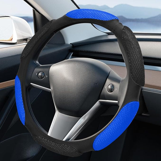 Wuyaoyao Car Steering Wheel Cover, 15 Inch PU Leather Anti-Slip Steering Wheel Covers Protector with Soft Hand Pad Cushion, Breathable & Comfortable, Universal Interior Car Accessories (Black+Blue)