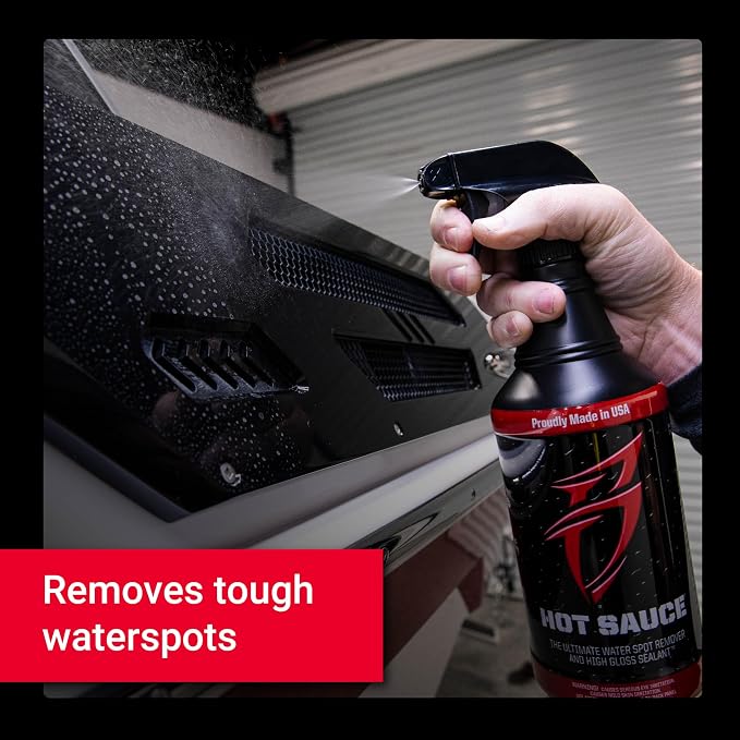 Bling Sauce Hot Sauce Hard Water Spot Remover with Wax Sealants, 32 oz | Hard water spot remover cleans without stripping wax, adds glossy sealants and works on boats, RVs, autos and glass