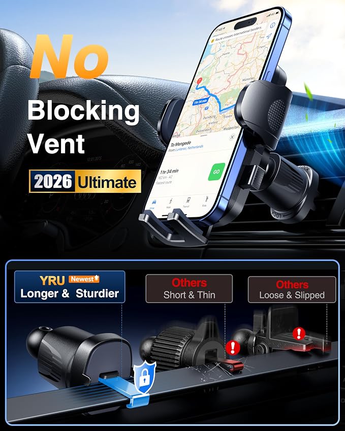 YRU True Military-Grade [360° Rotation Suction] 2026 Ultimate Car Phone Holder Mount【90+LBS Safest Strongest & Patent Certs】 Dash Windshield for iPhone 17 16 Pro Max Speakerphones, Red