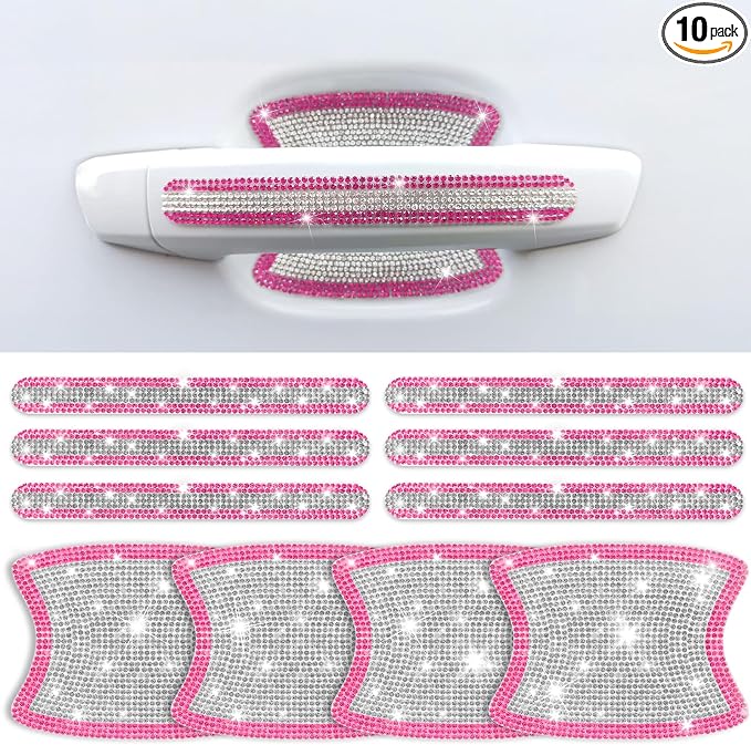 10 PCS Bling Car Door Handle Protector, Shiny Crystal Rhinestone Anti-Scratch Universal Cars Door Handle Protective Cover, Glitter Automotive Exterior Accessories for Women (Pink and White)