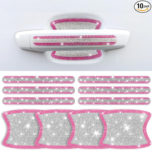 10 PCS Bling Car Door Handle Protector, Shiny Crystal Rhinestone Anti-Scratch Universal Cars Door Handle Protective Cover, Glitter Automotive Exterior Accessories for Women (Pink and White)