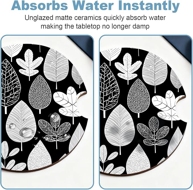 Car Cup Holder Coaster Set of 2, 2.56 in Ceramic Coasters, Scratch-Resistant Cork Backing, Finger Groove Design for Easy Placement, Cute Car Accessories Interior for Women (Black Leaves)