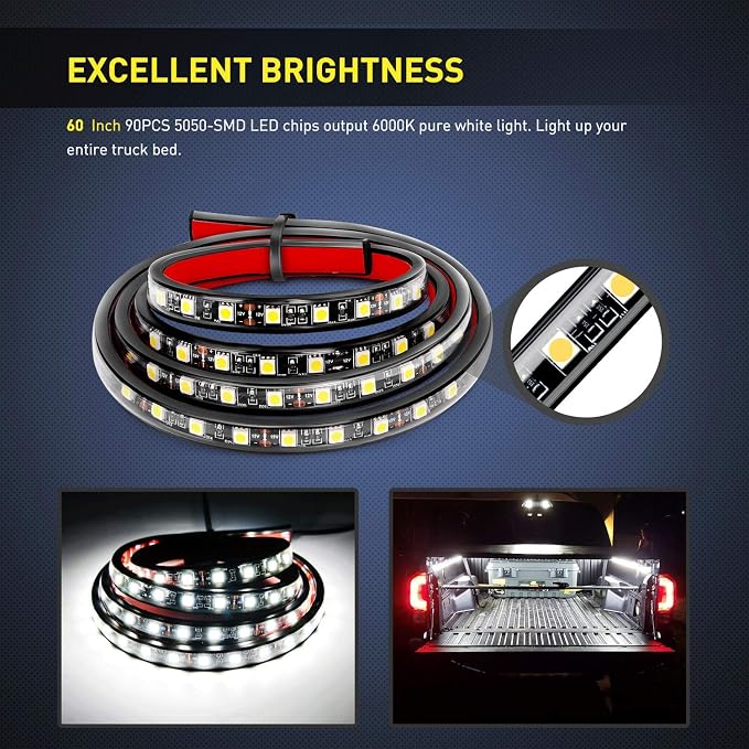 Nilight - TR-05 2PCS 60 Inch 180 LEDs Bed Strip Kit with Waterproof on/Off Switch Blade Fuse 2-Way Splitter Extension Cable for Cargo, Pickup Truck, SUV, RV, Boat , 2 Years Warranty