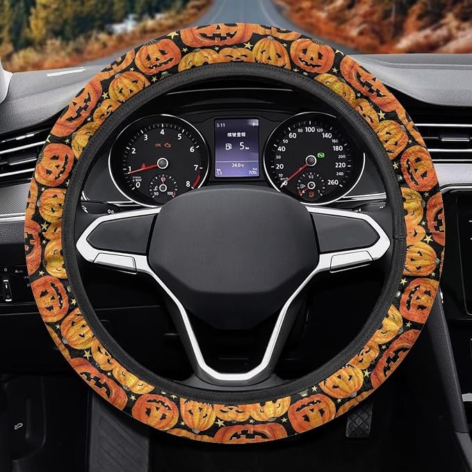 Wanyint Car Steering Wheel Cover Universal 15 Inch Non-Slip Comfortable Stretch Decorative Halloween Auto Steering Wheel Protector Automobile Accessories, Pumpkin Star