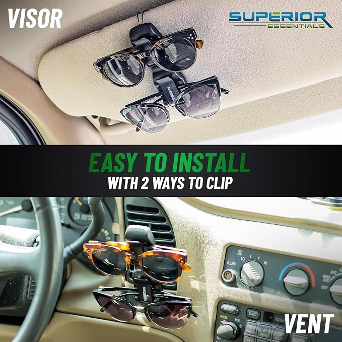 SUPERIOR ESSENTIALS Sunglass Holder for Car Visor Clip - Sun-Glasses Holder and Ticket Card Clips - Car Visor Accessories - Luxury Eyeglass Car Mount (Pack 1)
