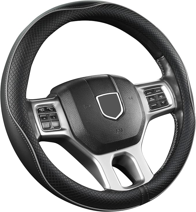 West Llama Customized Auto Car Steering Wheel Cover for Dodge RAM 1500 2500 3500, 15.5-16 inch (Black+Gray Line-Large Size)