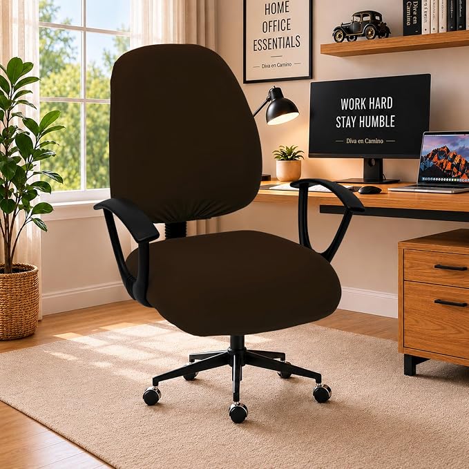 DIVA EN CAMINO DEC Stretchable Desk Office Chair Seat Covers - Universal Stretch Computer Chair Slipcover - Washable Rotating Backrest Coverings & Cushion Protectors for Dogs, Cats, Pets, Brown