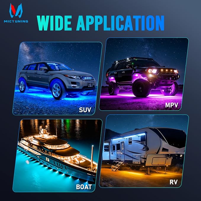 MICTUNING 2nd-Gen CM RGB Rock Lights - 4 Pods Waterproof Multicolor Neon Underglow Kit with Bluetooth App Control & Music Mode for Trucks Pickup UTV SUV ATV （2 Year Warranty）