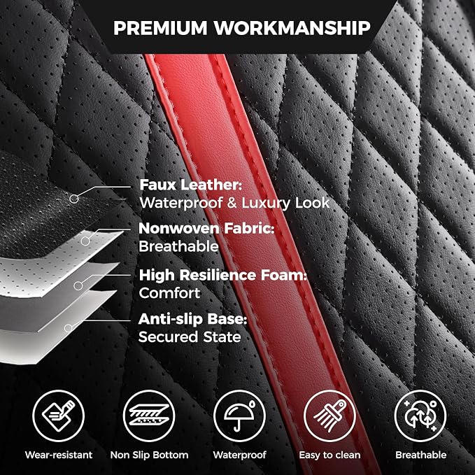 Seat Covers for 2019-2026 Dodge Ram 1500/2500/3500, Flat Bench | lumbar padded, premium waterproof leather, full coverage, anti-slip, storage pockets, long-term durability, airbag compatible