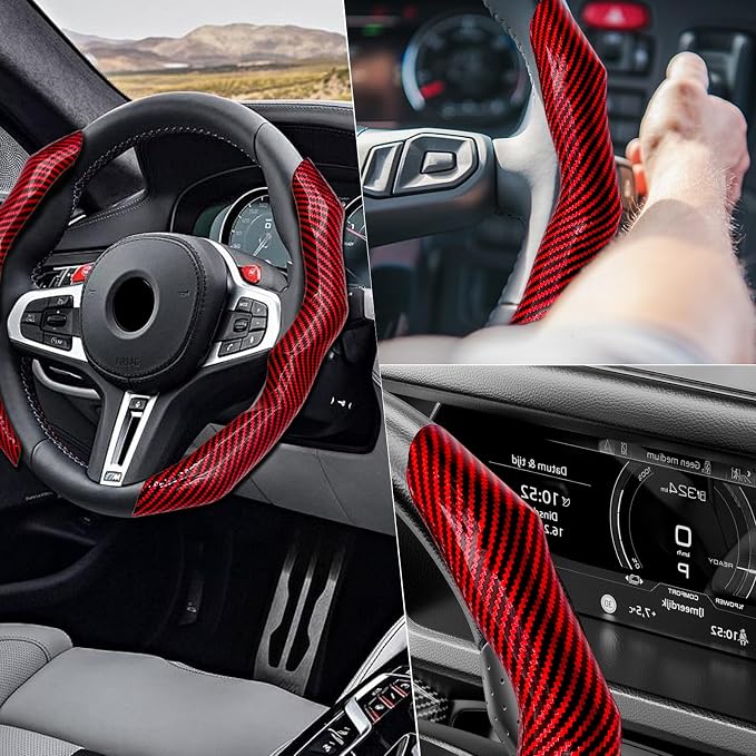 2Pcs Carbon Fiber Steering Wheel Cover, Cool Irregular Shape Grip & Anti-Slip Lining Segmented Design Steering Wheel Protector for Car Interior Accessory, Stylish & Sporty (Red)