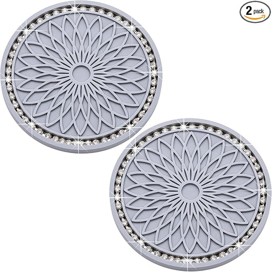 2PCS Bling Car Cup Holder Coasters, 2.75 Inch Silicone Anti-Slip Insert, Bling Shockproof Cup Mat for Women Girls, Universal Fit for Most Vehicles (Gray & White)