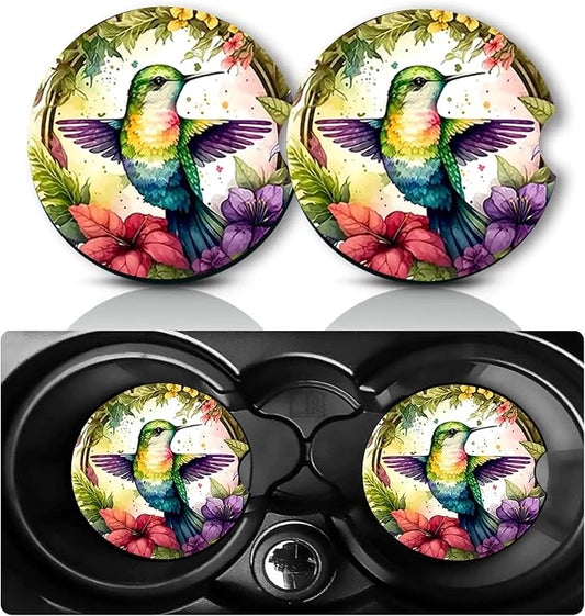 2Pcs Hummingbird Car Coasters,2.75" Neoprene Rubber Cars Cup Holder Coaster | Universal Non‑Slip Mat, Drink Coaster Decor Auto Accessories Hummingbird Gifts for Women,Men,Mom