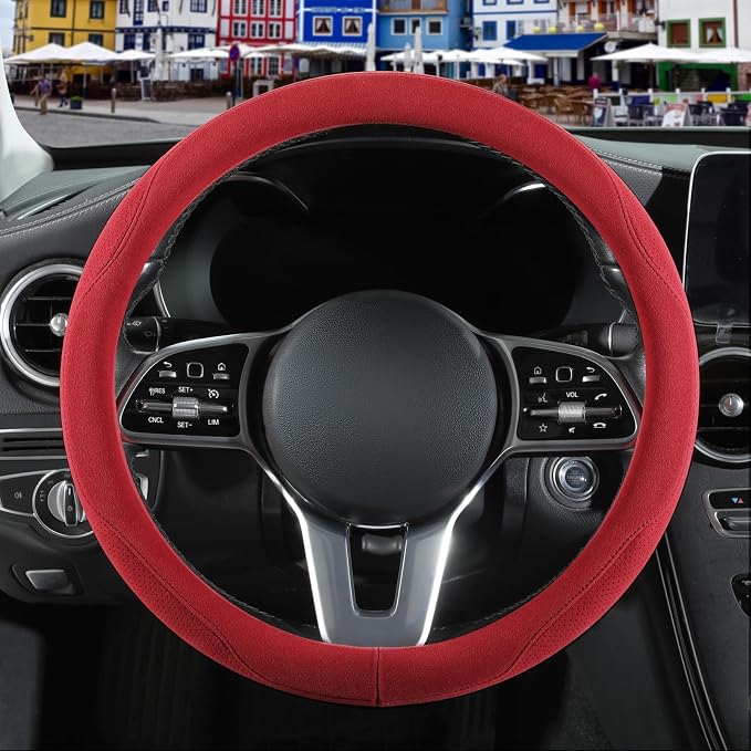 Red Suede Steering Wheel Cover Large 15.5 inch to 16 inch | Warm in Winter and Cool in Summer, Breathable Non-Slip Sweat-Proof Wear-Resistant for Model X Model S Ford F150 F250 F350