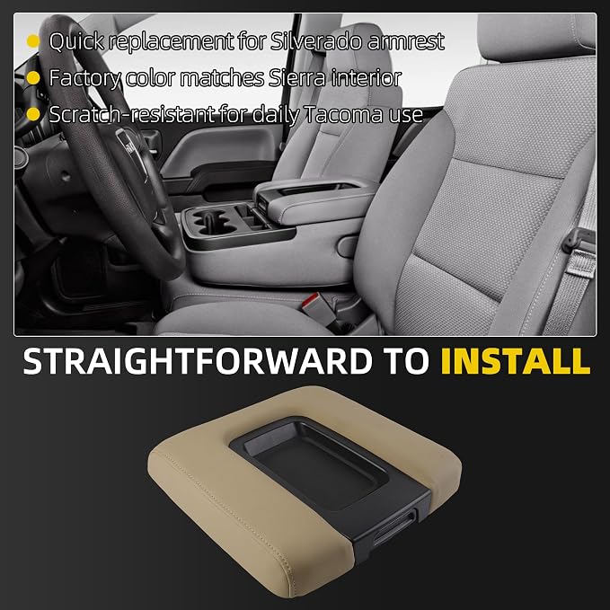 Dasbecan Center Console Lid Compatible with 2014-2018 Chevy Chevrolet Silverado/GMC Sierra 1500 2500HD 3500HD Front Center Console Armrest Lid with Liner Mat Replace# 22881398(Beige)