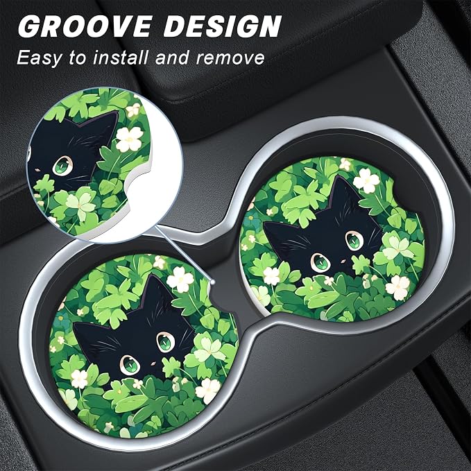 Aiawoxc Car Cup Holder Coasters, 2 Pack Universal Auto Anti Slip Insert Coaster with A Finger Notch, Cup Mat for Most Car Interior, Green Leaf Cat