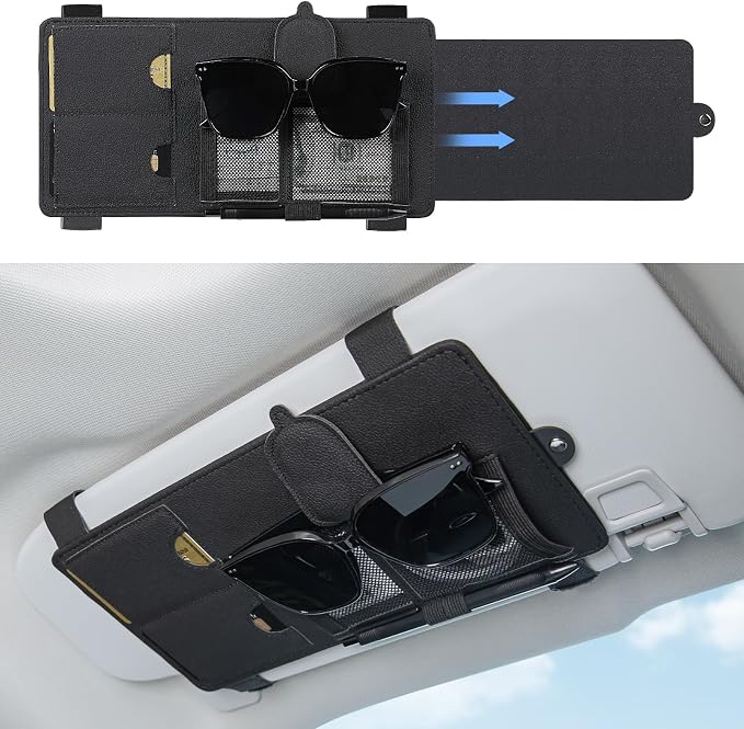 SEG Direct Car Sun Visor Extender Organizer Magnetic Sunglass Holder Black | Sun Blocker, Sunglass Hanger Clip, Ticket Card Organization Pouches, for Car Truck SUV