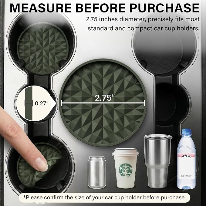 Car Coasters Silicone [4 Pack] 2.75in Universal Mats Non-Slip, Embedded Car Interior Accessories, Car Cup Holders Insert Coasters Decor, Camo Green