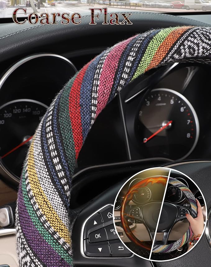 SEG Direct Boho Steering Wheel Cover, Baja Blanket Cloth, Coarse Flax | Bohemian Car Decor, Ethnic Style, Coarse Flax, Fabric Cover Fits 14 1/2-15 1/4 inches Standard Medium Size, for Women Men