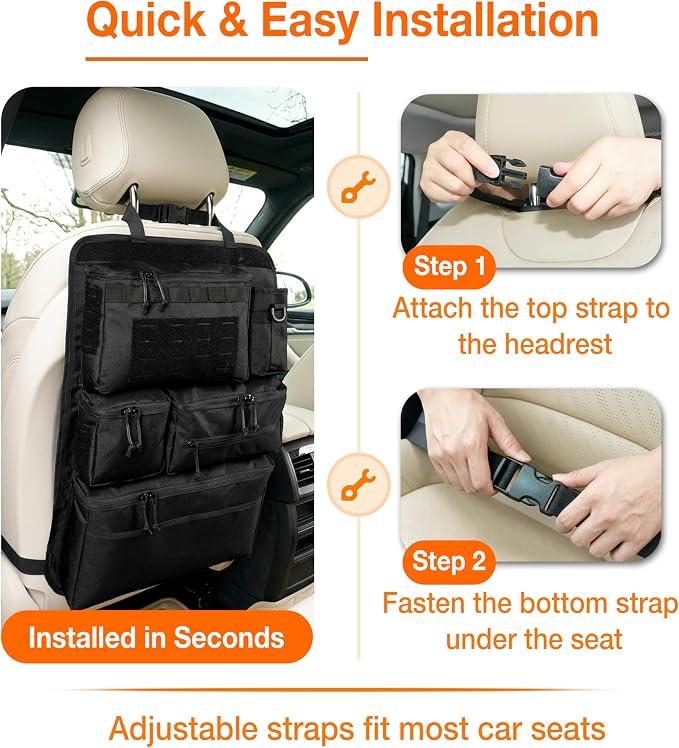 Tactical Car Seat Back Organizer, 600D Nylon MOLLE Seat Organizer with 6 Pockets, Hook and Loop Panel, Universal Fit for Car SUV Truck Jeep, Black
