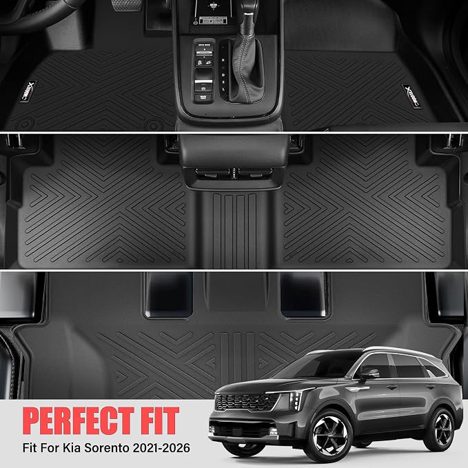Floor Mats & Trunk Mat with Backrest Mat for 2021-2026 Kia Sorento Fuel | All Weather TPE Rubber Cargo Liner Back Seat Cover 3rd Row for 2021-2026 Sorento Gas 6&7 Seats Accessories(Non Hybrid)