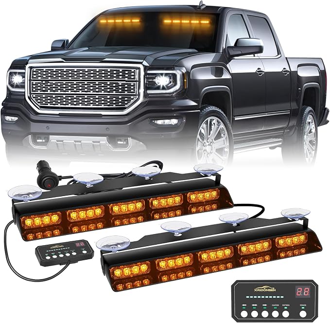 XRIDONSEN Amber Strobe Lights for Trucks, 40 LED Emergency Dash Lights | 2x 17" Interior Front/Rear Windshield Lights Safety Warning Hazard Light Bar w/ Controller for Tow/Plow Construction Vehicles