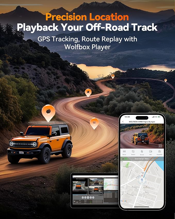 WOLFBOX G900 Tripro Bumper Version 3 Channel 4K Mirror Dash Cam, 8MP STARVIS 2 IMX678 Night Vision, 4K+2.5K+1080P Front and Rear Bumper Dash Cam, 5.8GHz WiFi, Voice Control, Includes 256GB Card & GPS