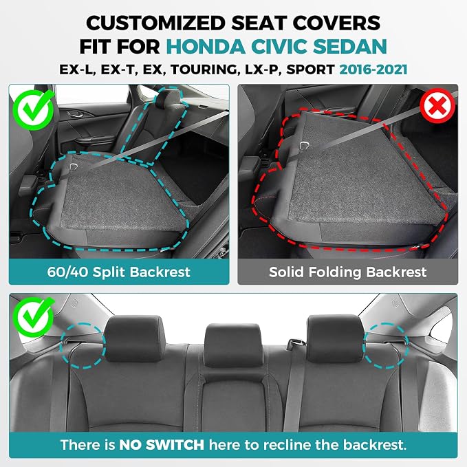 Seat Covers for Honda Civic Sedan EX-L, EX-T, EX, Touring, Sport 2016-2021, Faux Leather Car Seats Cover Full Set Waterproof Black Grey (60/40 Split Seatback-with Rear Armrest)