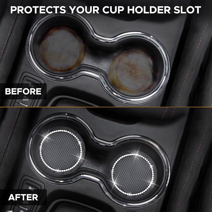 EcoNour Bling Cup Holder Insert (2 Pack) with Push Start Button Ring (1 Pack) | 2.75 Inch Silicone Coaster Pad and 1.5 Inch Ring with Elegant Crystal Rhinestone | Car Interior Accessories (Black)