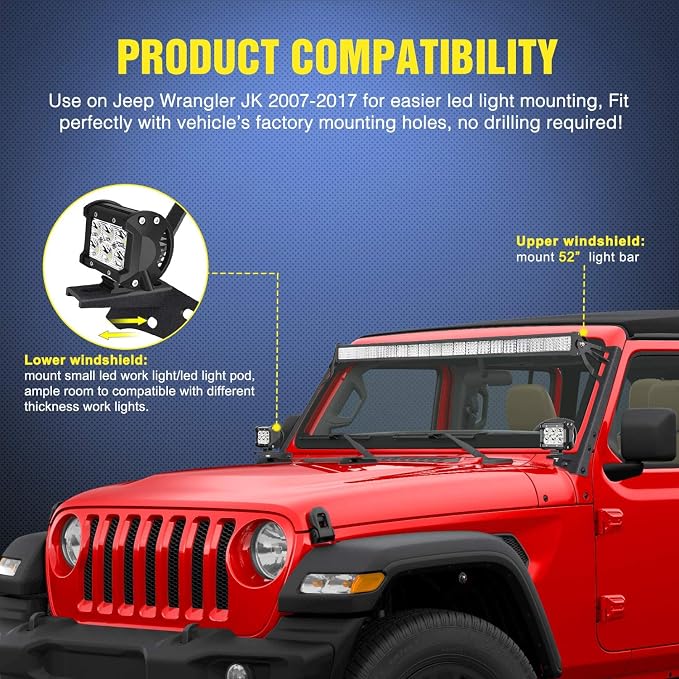 Nilight Upper Windshield Frame Mounting Bracket A-pillar Mounts for 52 Inch Light Bar and LED Pod Lamp on Wrangler JK 2007 2008 2009 2010 2011 2012 2013 2014 2015 2016 2017 2018