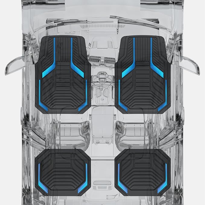 PIC AUTO Heavy Duty Rubber Floor Mats, Blue Aluminum Film Car Mats Set, Front and Rear Car Mats with Anti-Slip Backing, All Weather Protection, Trim-to-Fit for Automotive SUV, Sedan, Van