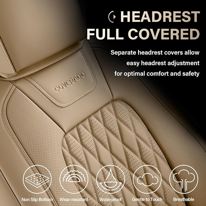 Coverado Premium Leather Truck Seat Covers Full Set – Custom Fit, Waterproof, Heavy Duty, Anti-Spill, Scratch Resistant Protector for Ford F150 2015-2026, F250-F450, Beige