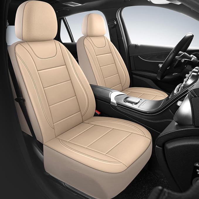 HChengkikz Front Car Seat Cover, Waterproof Faux Leather (Beige) | Car Seat Protectors, Quilting, Easy to install, Airbag Compatible, Universal Fit for Most Suvs, Trucks, SUVs