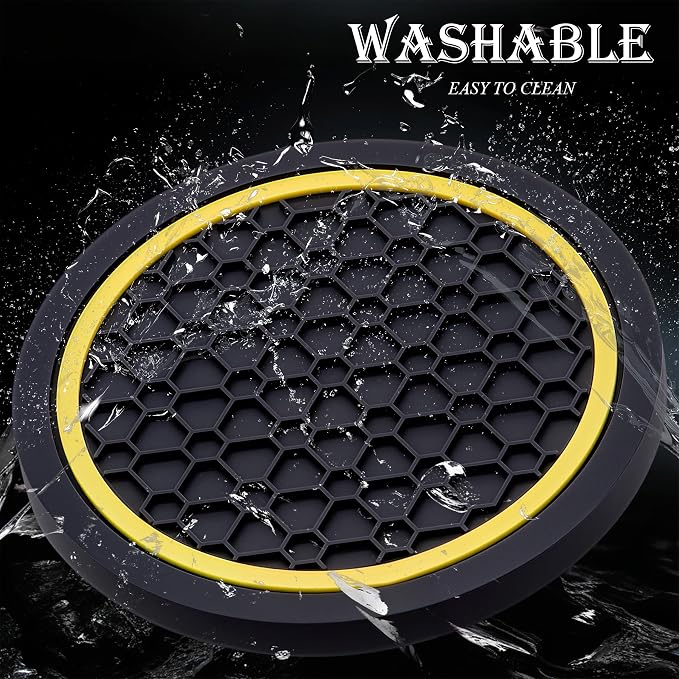 2-Piece Anti-Slip Car Cup Coaster Set – 2.75 Inch Auto Insert Drink Mats, Perfect for Coffee & Beverages – Stylish Interior Decor for Women & Girls (Black & Yellow)