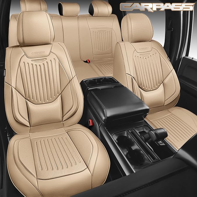 CAR PASS Luxury Nappa Leather Car Seat Covers Full Set, Lumbar Support Seat Covers for Car 5 Seats, Waterproof Car Seat Protector, Automotive Seat Covers Universal Fit for Most Sedans SUV Trucks Beige