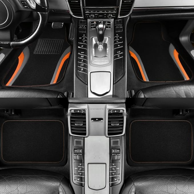 CAR PASS Leather Sporty Car Floor Mats Carpet, Universal Waterproof Automotive Floor Mat Fit for Sedans, Cars, Mid Trucks, Vans, SUV, Set of 4 (Black and Orange)